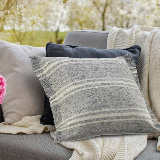 Farmhouse Triple Stripe Throw Pillow with Fringe: Poly Filled