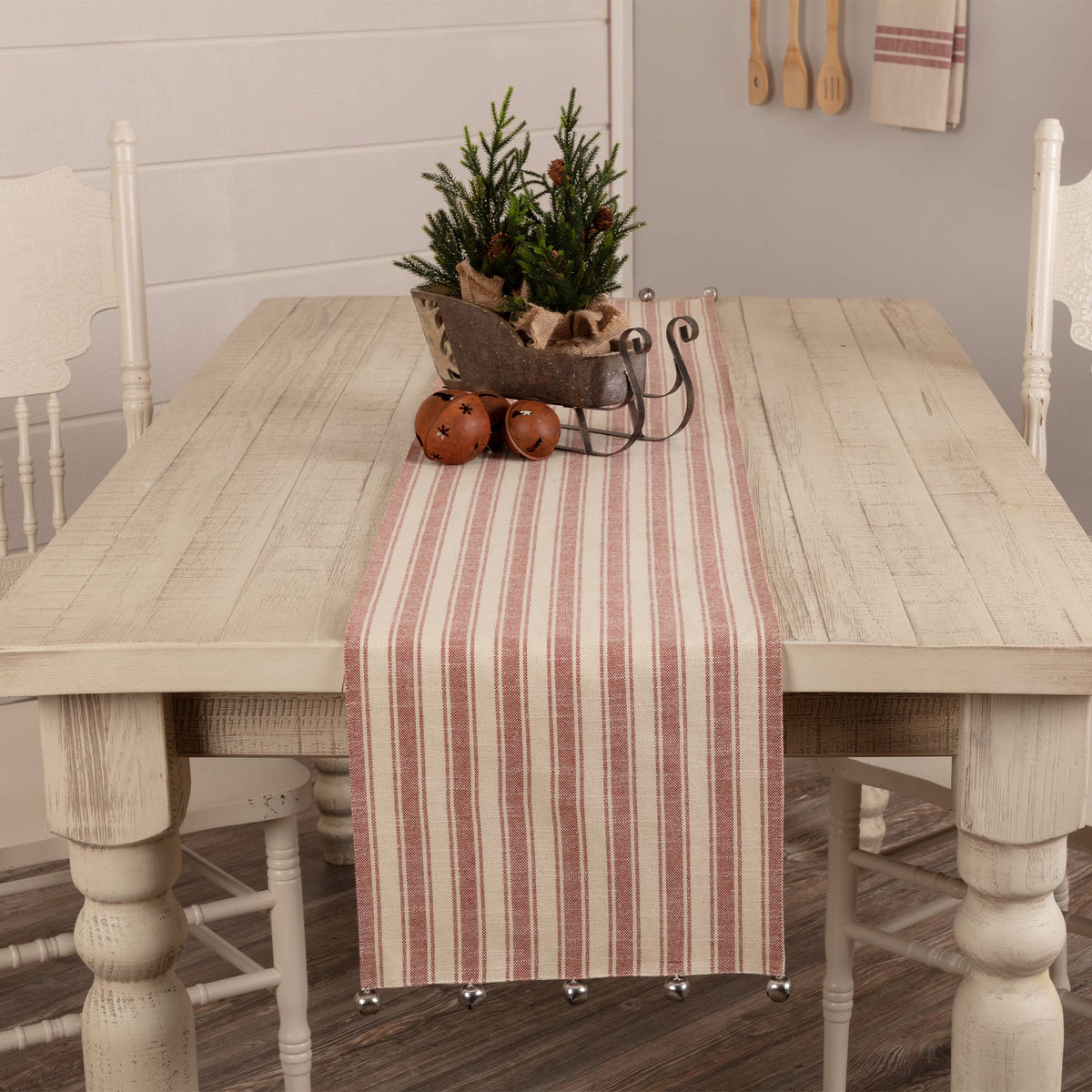 Christmas Bells Red Ticking Stripe Table Runner 13x36