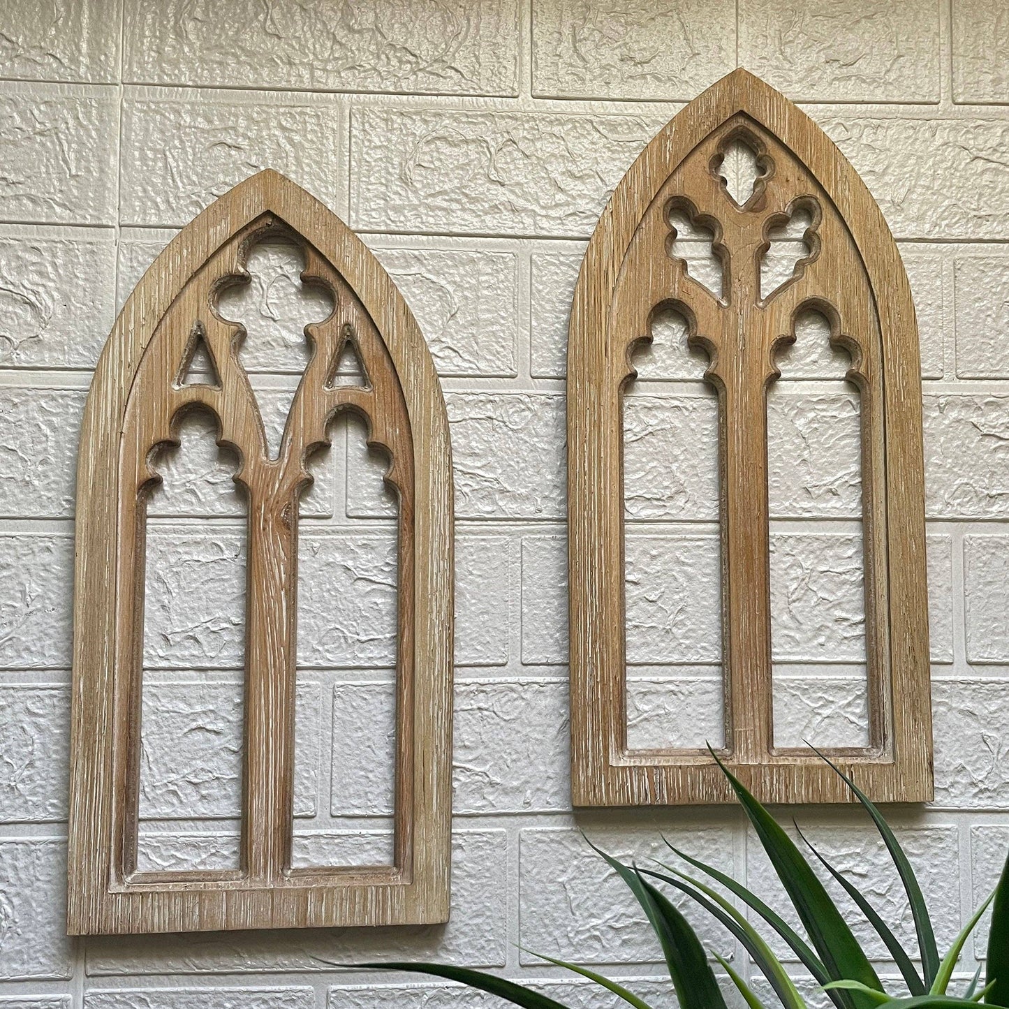 Set of 2 Washed Wood Gothic Arch Window Frame Wall Hangings : Black