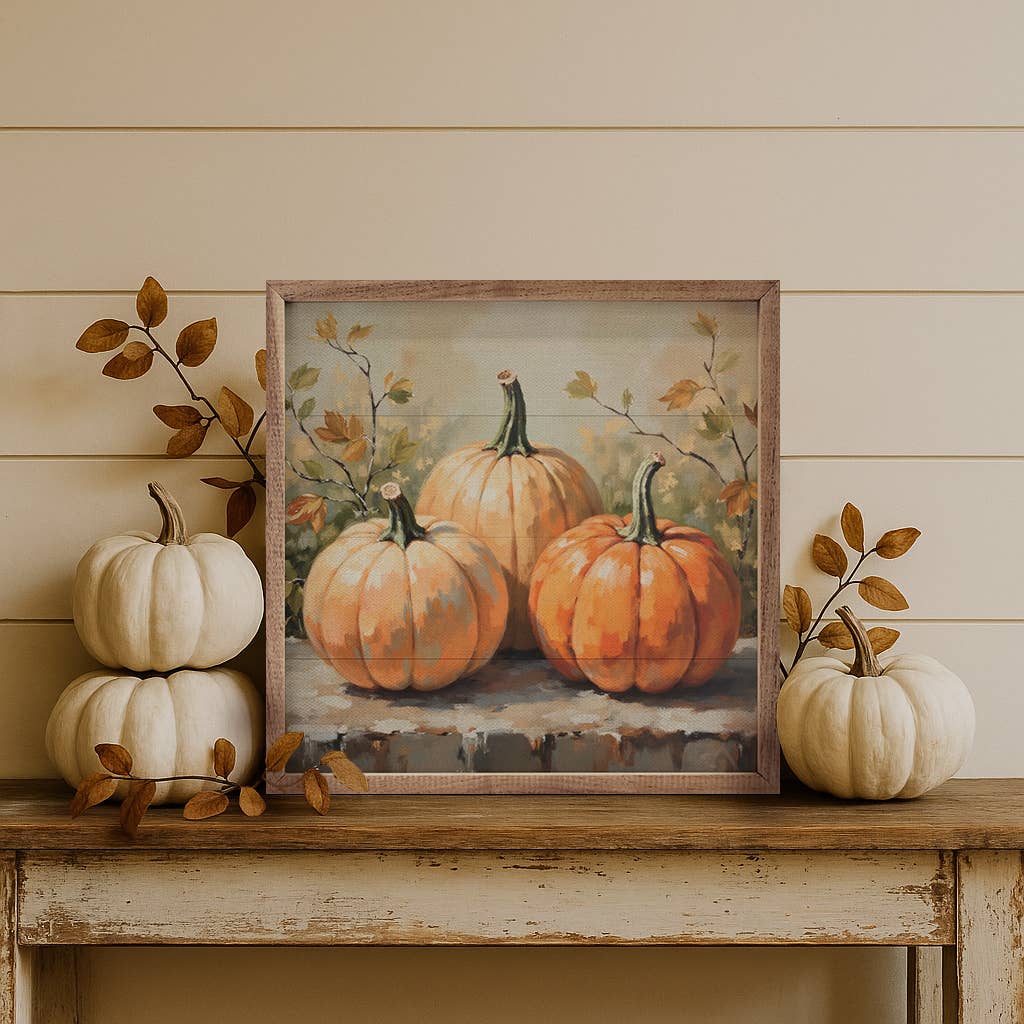 Pumpkin Trio On Bench: 16x16