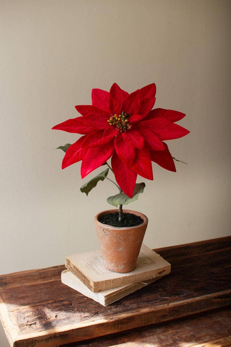 ARTIFICIAL POINSETTIA IN A CEMENT POT - RED: Red / Plastic/Wire / 12"d x 18"t