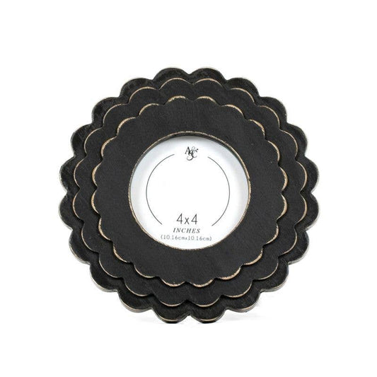 12089 - 8x8x1 wood scallop photo frame (ROUND) bk (4x4)