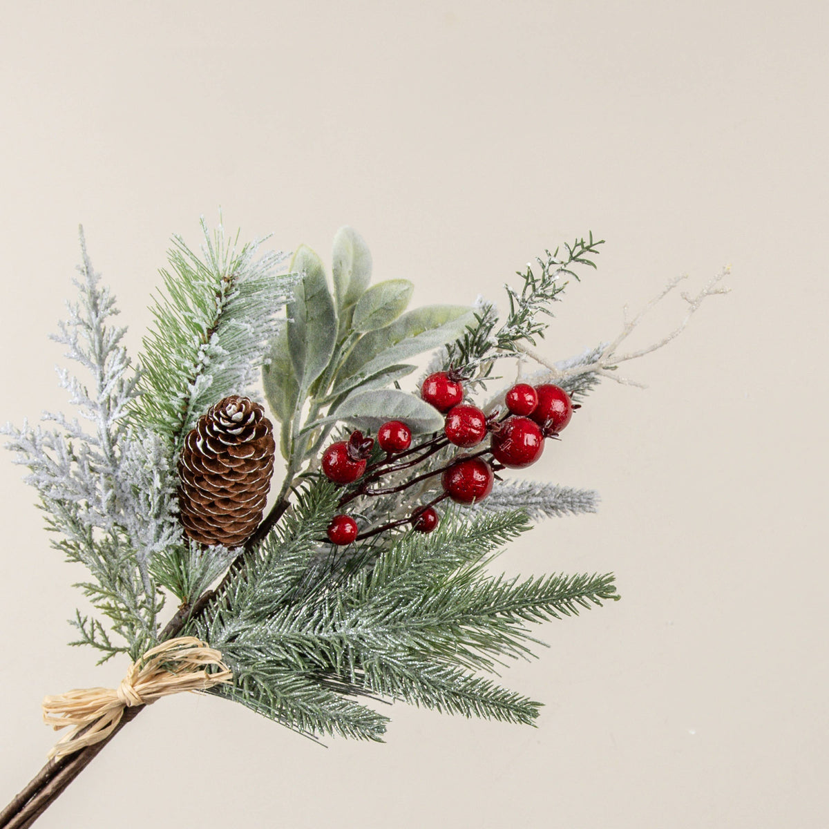 18" SNOW COVERED PINE, LAMB'S EAR & RED BERRY PICK