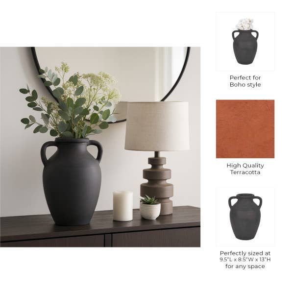 Ceramic Double Handles Decorative Vase - Black, 13 in.