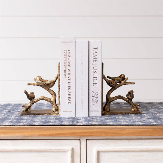 Bookend Pair - Birds On Branch, Gold Finish