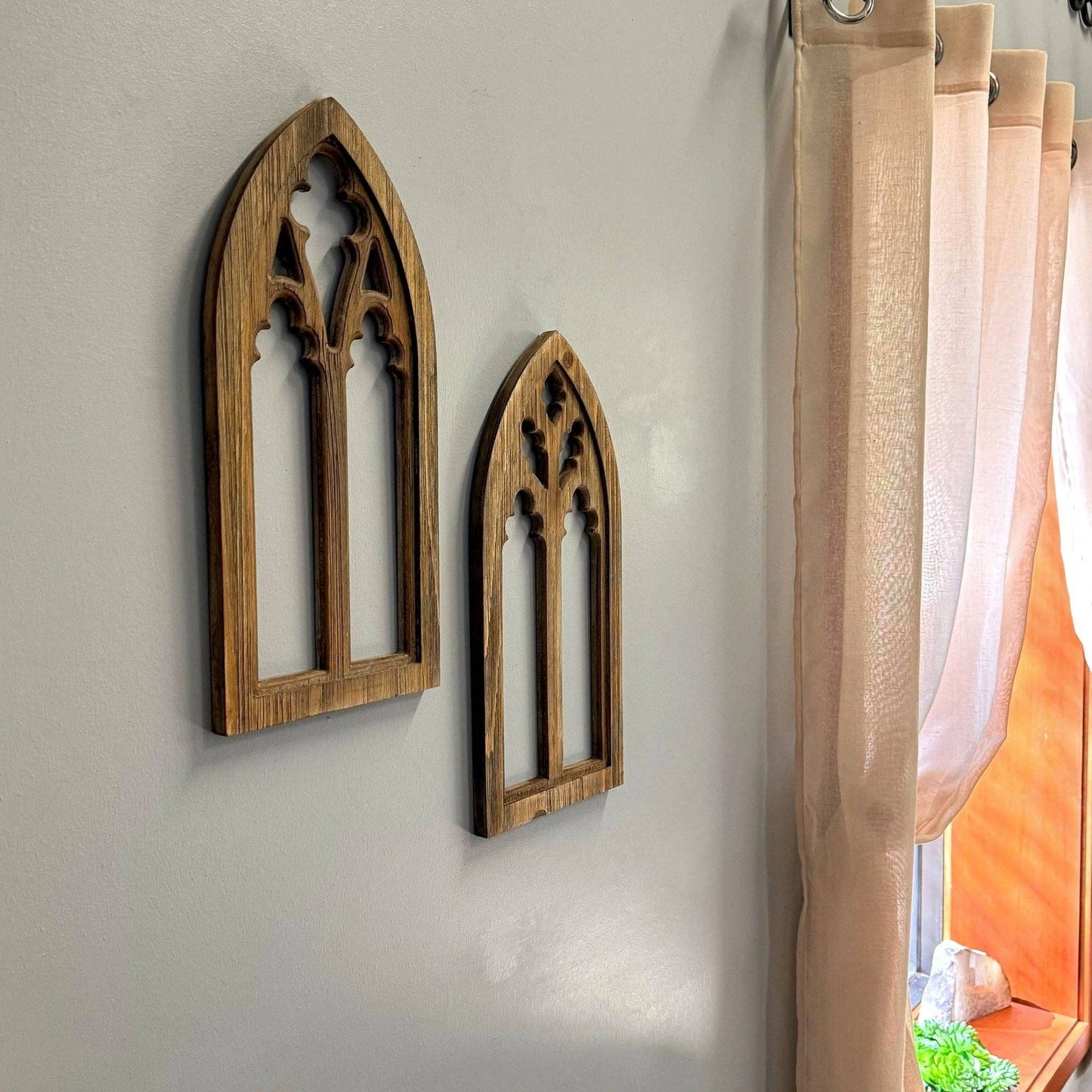 Set of 2 Washed Wood Gothic Arch Window Frame Wall Hangings : Black