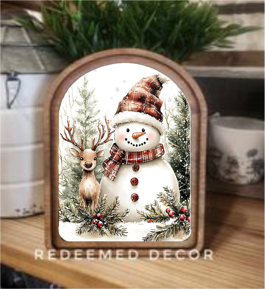 Arch Top Snowman Deer Framed Art  : 8.25x11"