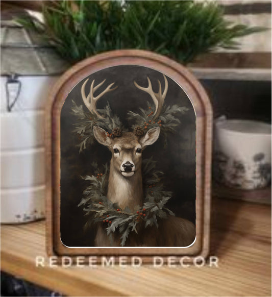 Arch Top Wreath Deer Framed Art   : 8.25x11"