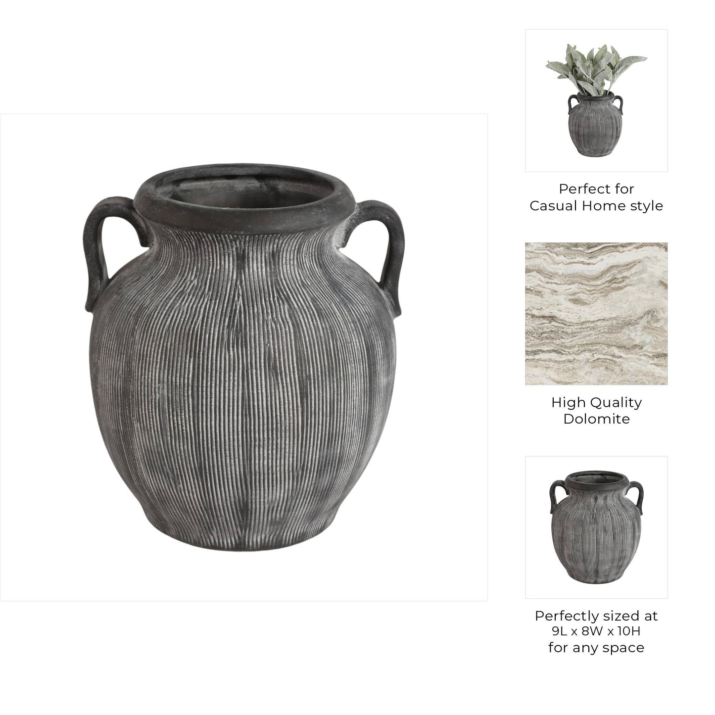 Ceramic Ribbed Texture Weathered Handle Vase - Black, 10 in.