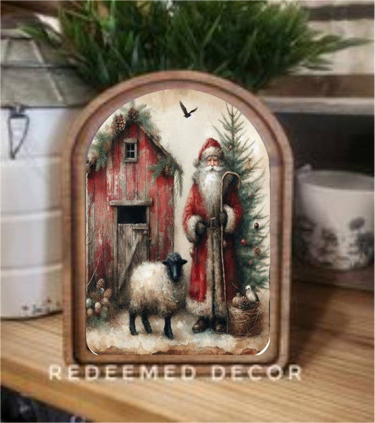 Arch Top Santa Sheep Framed Art : 8.25x11"