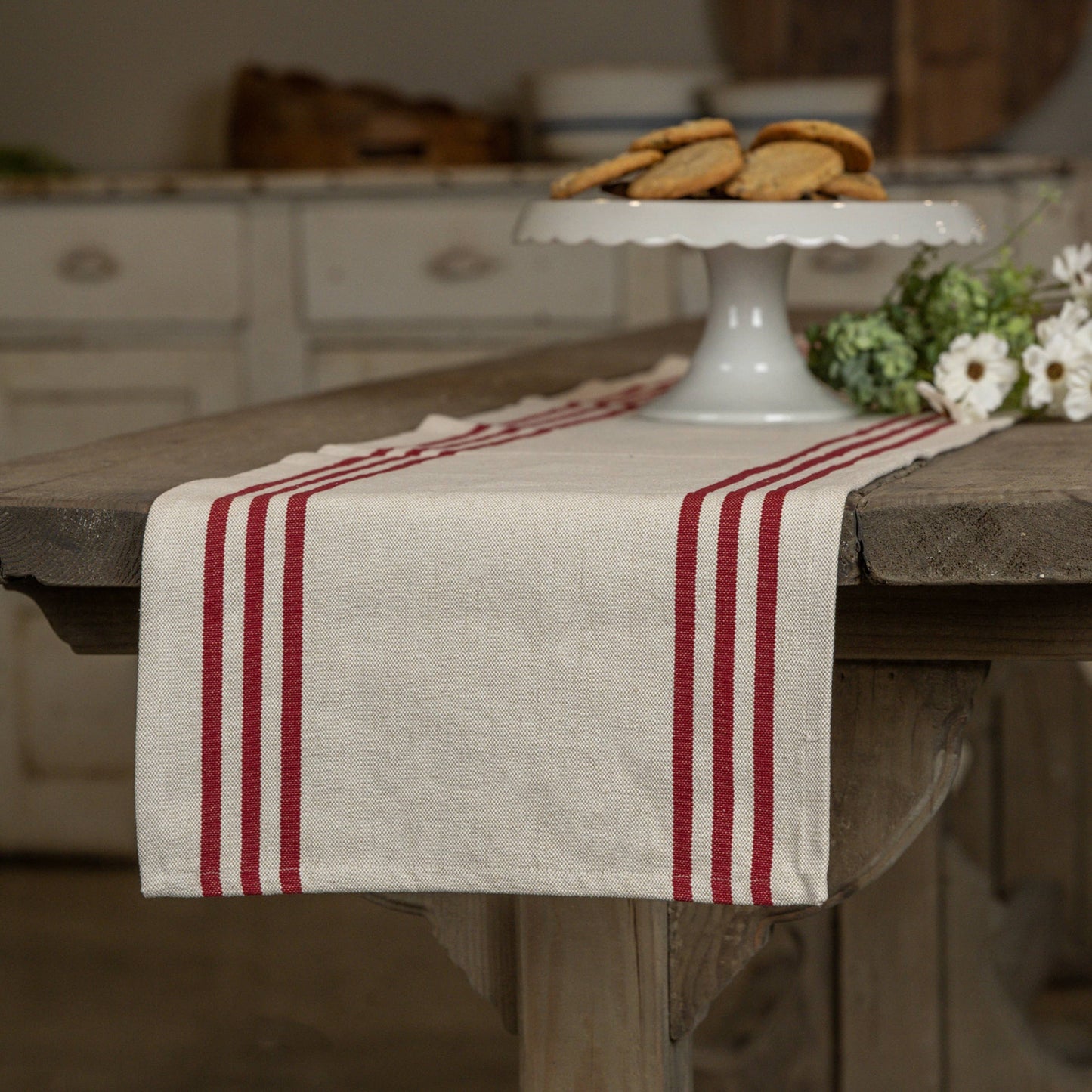 6' Cream Table Runner w/ Red Stripe