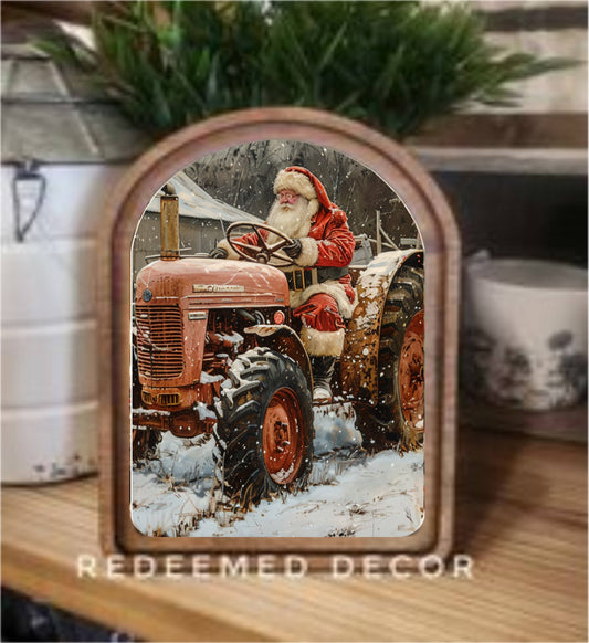 Arch Top Tractor Santa Framed Art  : 6x8"