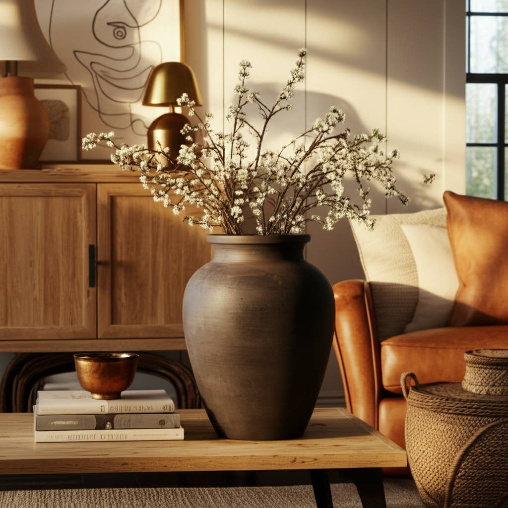 Ceramic Traditional Round Jug Vase - Black, 10 in.