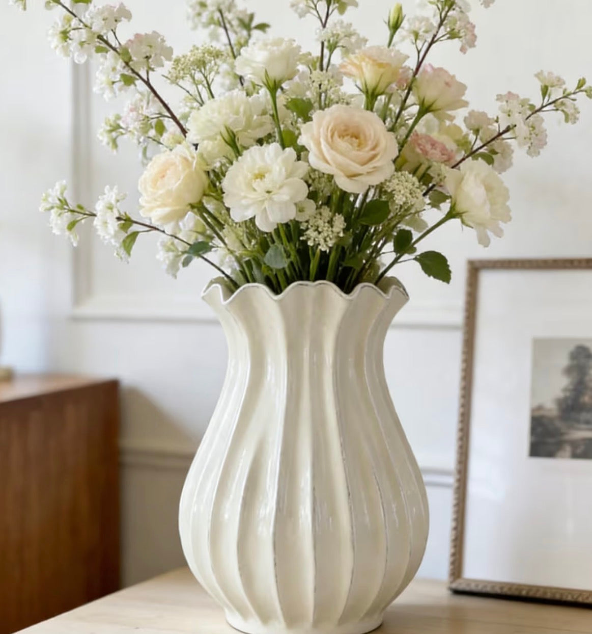 Ivory Wavy Edge Ribbed Pedestal Vase - Large