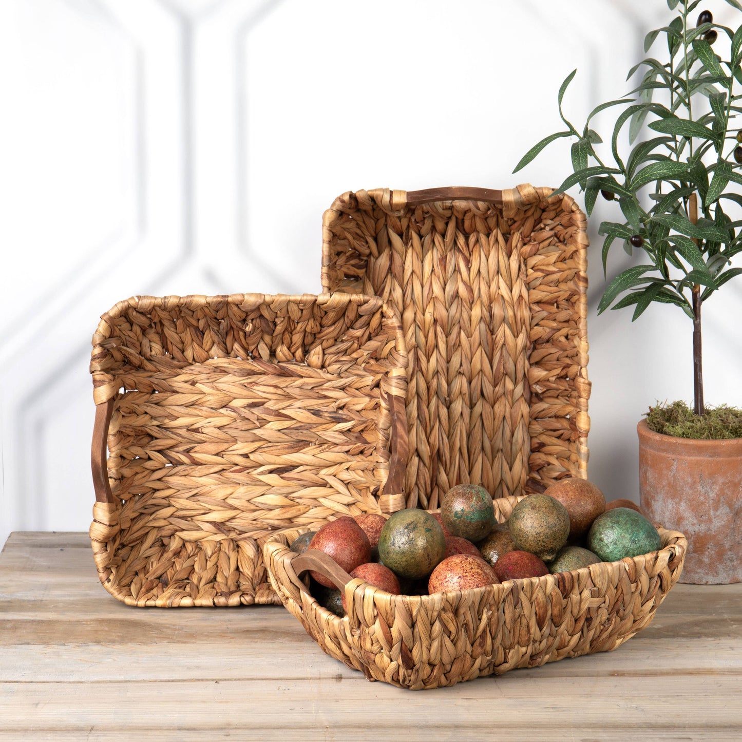 Square Hyacinth Tub with Wood Inset Handles