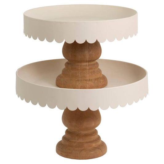10.25" Almond Scallop Decor Metal & Wood Stand