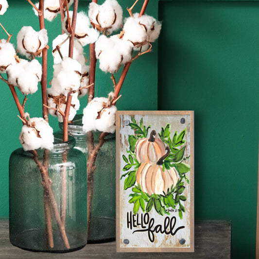 Hello Fall White Pumpkins Driftwood Happy Block