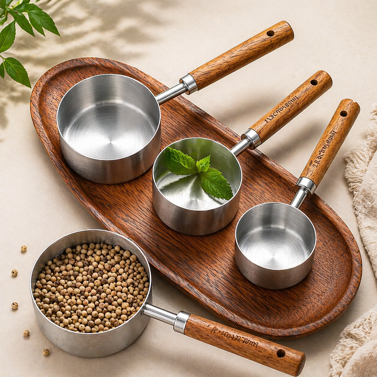 Silver Stainless Steel Measuring Cups: 4 spoons
