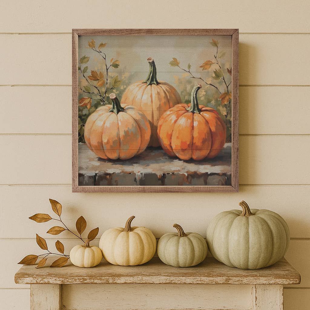 Pumpkin Trio On Bench: 16x16