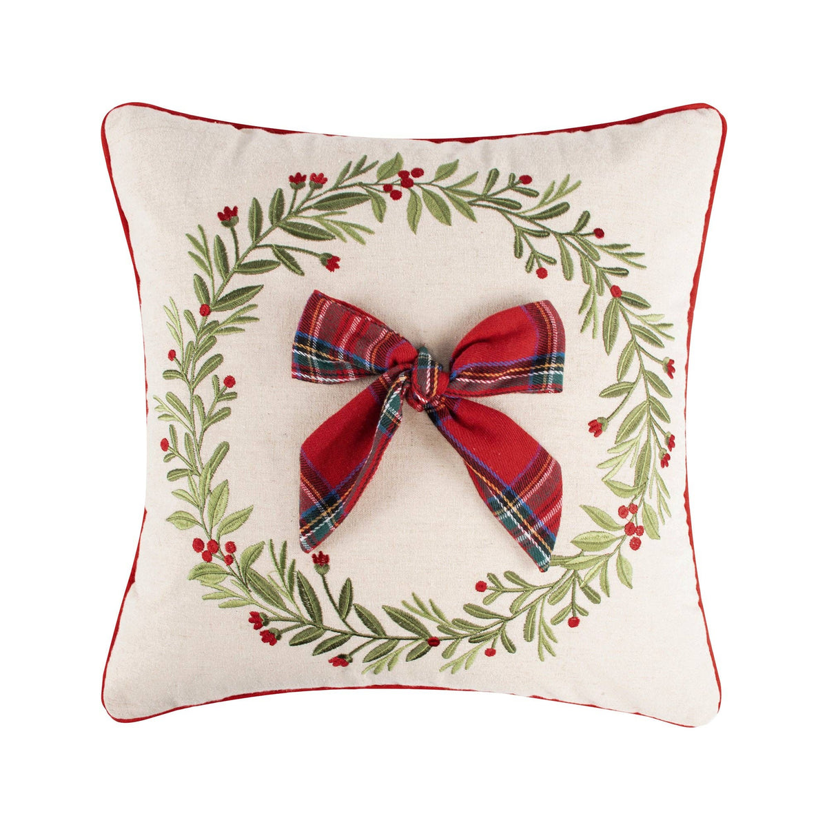 Merry Tartan Bow Pillow: Natural / 18x18