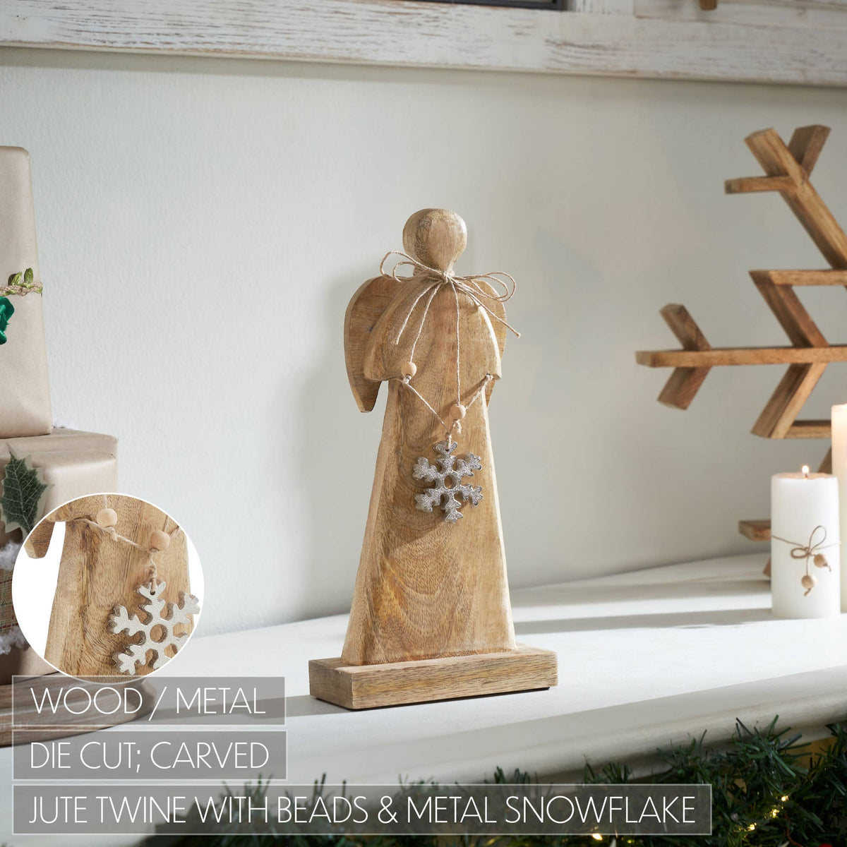 Wooden Christmas Angel w/ Snowflake Farmhouse Decor 12"