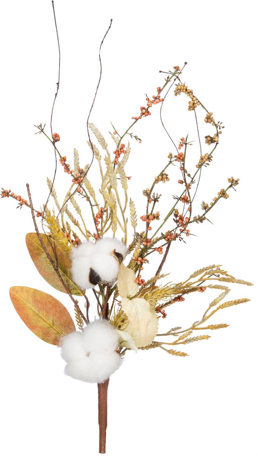 Cotton And Leaves Floral Pick