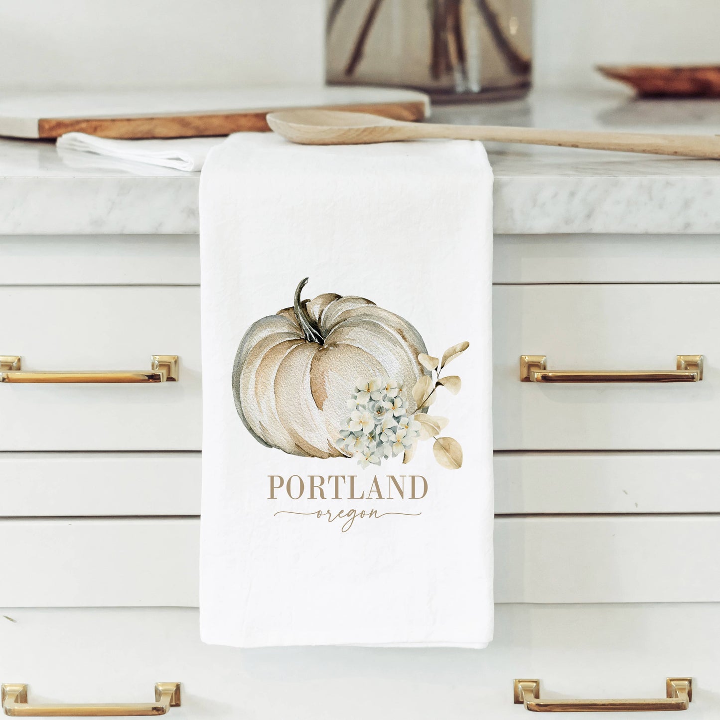 La Vernia Custom Location Floral Pumpkin Tea Towel: White • 100% Cotton