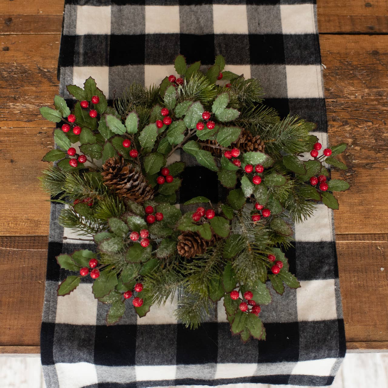 16" SNOWY HOLLY CANDLE RING W/ PINE & BERRIES & CONES