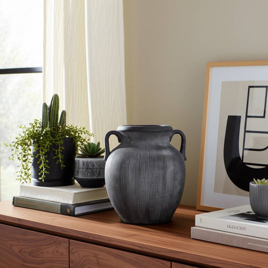 Ceramic Ribbed Texture Weathered Handle Vase - Black, 10 in.