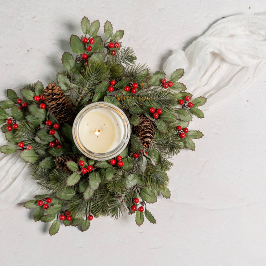 16" SNOWY HOLLY CANDLE RING W/ PINE & BERRIES & CONES