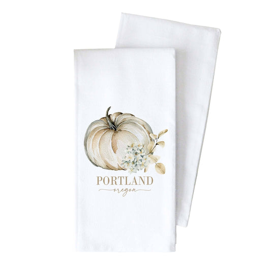 La Vernia Custom Location Floral Pumpkin Tea Towel: White • 100% Cotton