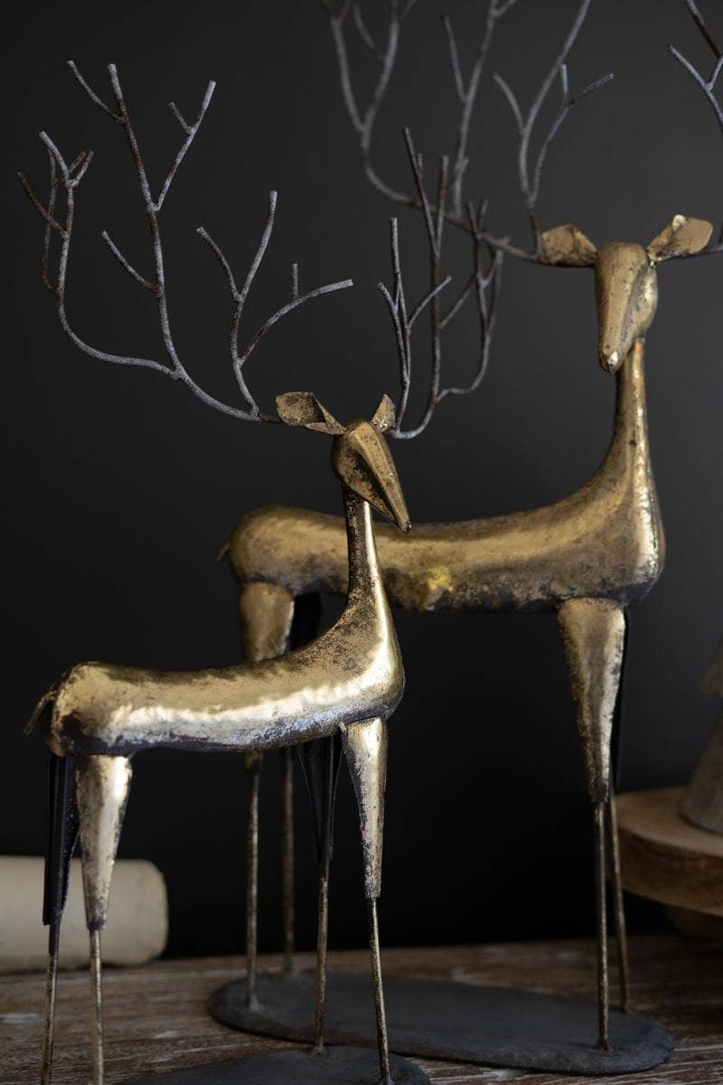 SET OF TWO ANTIQUE GOLD METAL CHRISTMAS DEER: Gold / Metal / Large: 18" x 5" x 28"t; Small: 15" x 4" x 21"t