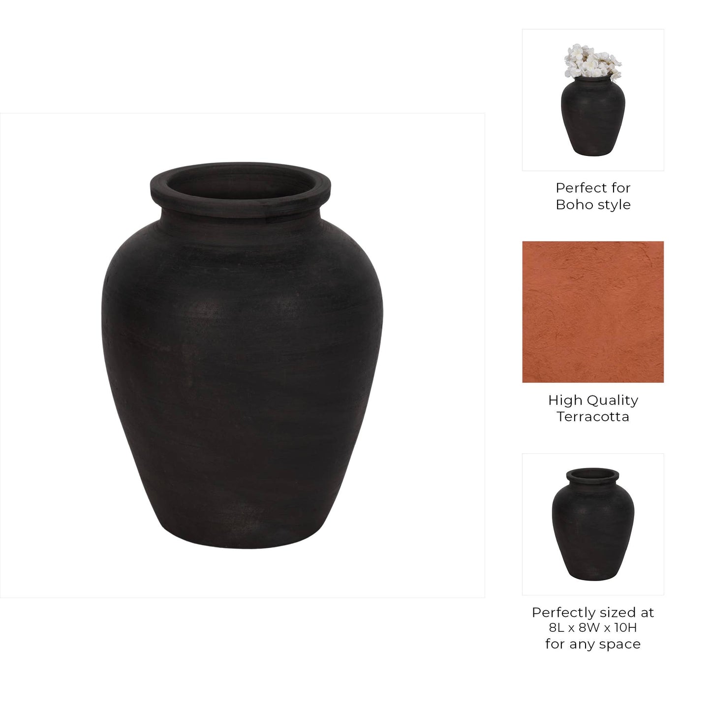 Ceramic Traditional Round Jug Vase - Black, 10 in.