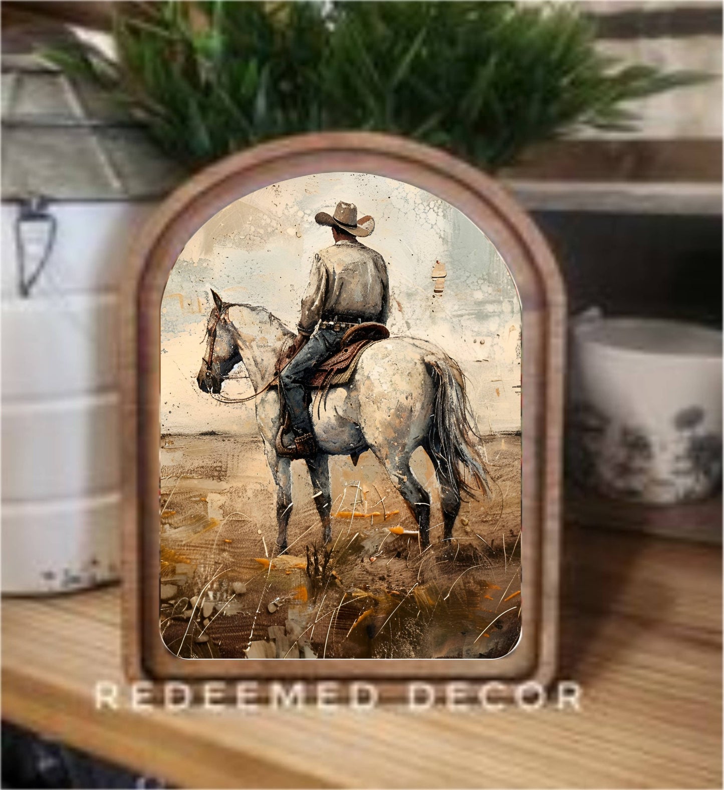 Arch Top White Horse Cowboy Framed Art: 8.25x11"