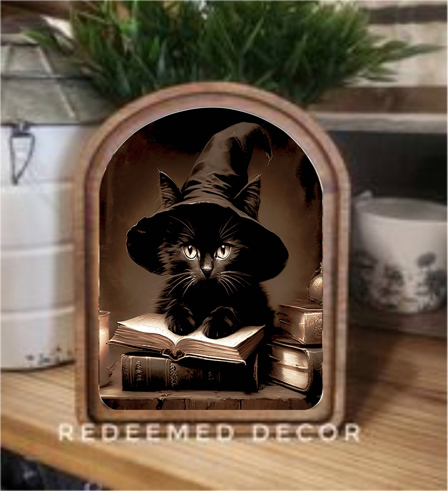 Arch Top Halloween Cat Framed Art : 8.25x11"