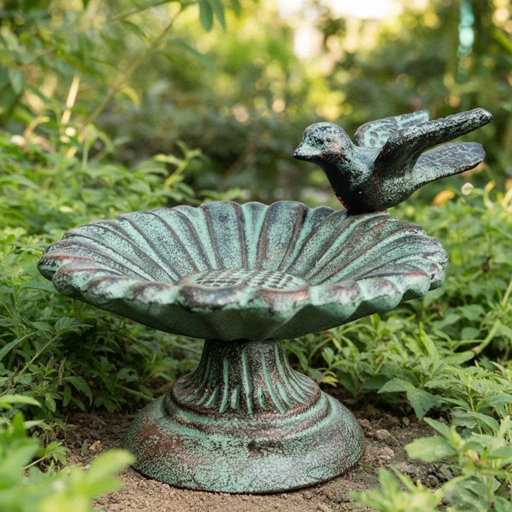 Sunflower Bird Bath, Cast Iron Pedestal Feeder