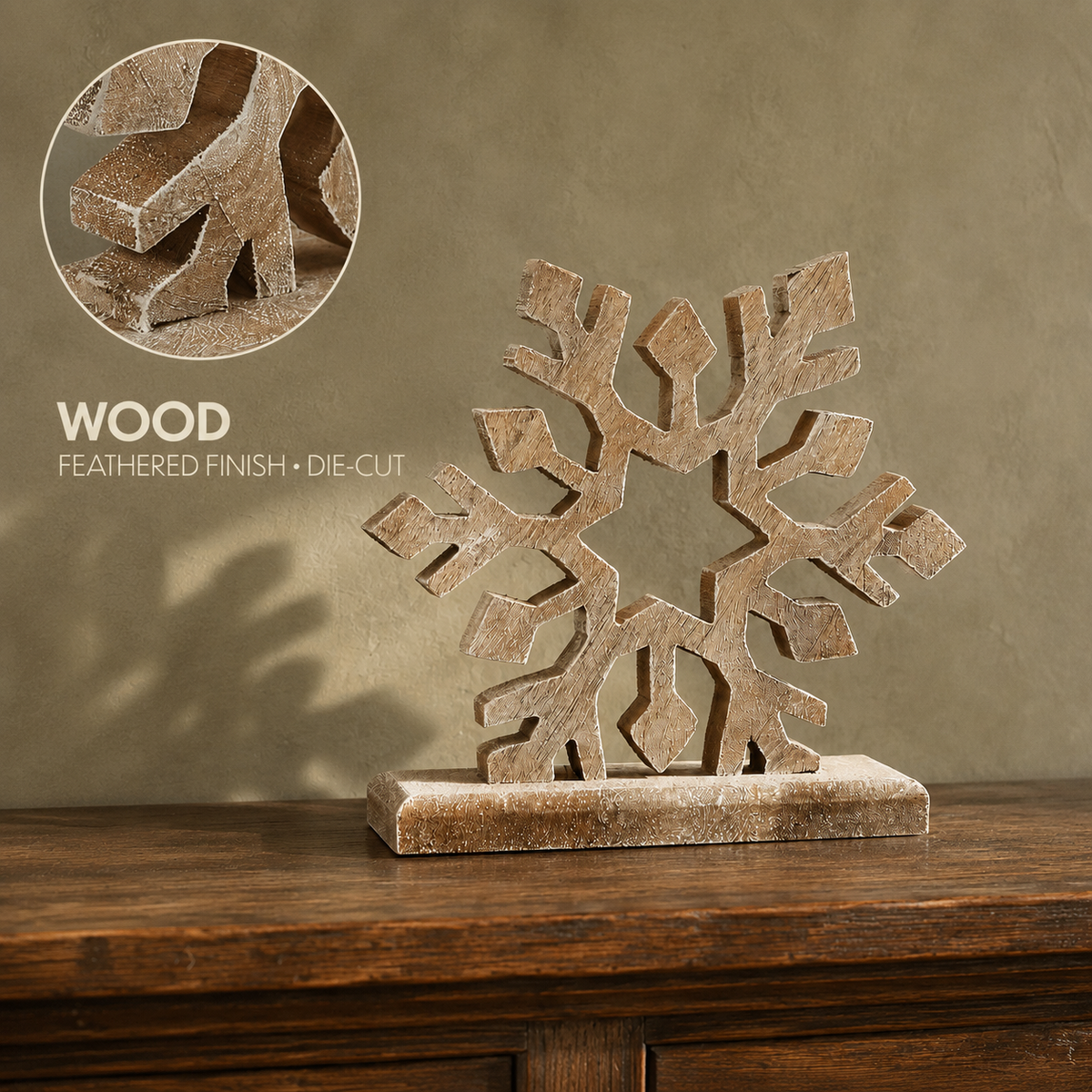 Wooden Snowflake Natural 7.5x8x2.5 Feathered Finish
