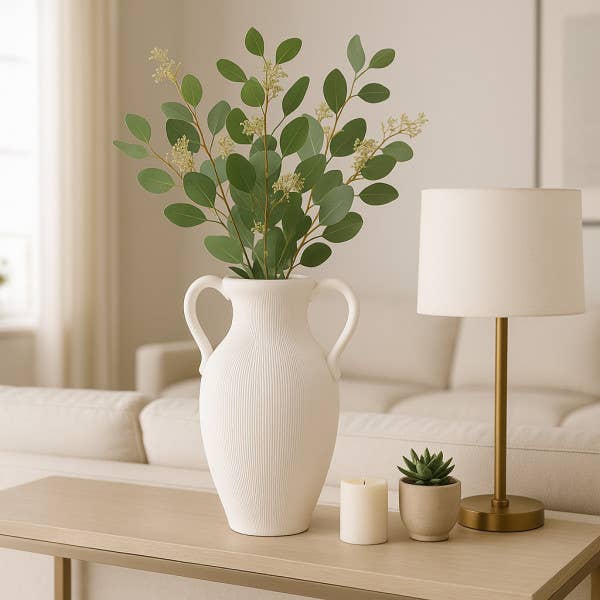 White 15 in. Stoneware Amphora Striped Weathered Jug