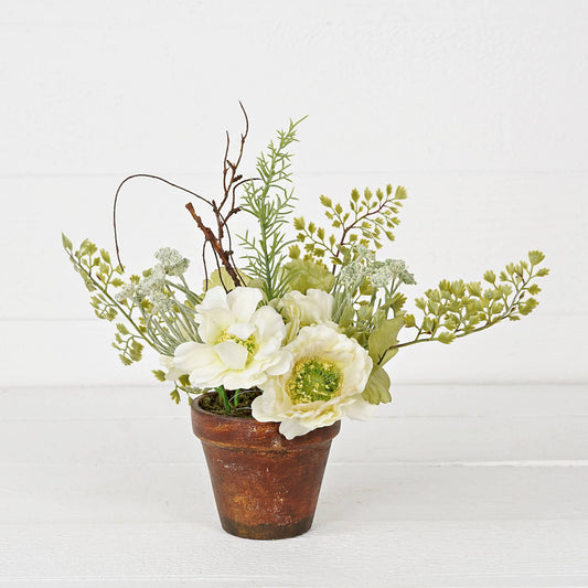 Cream Cosmos, Poppies with Greenery Pot-11"Hx9"D