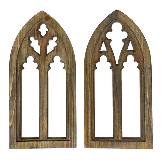 Set of 2 Washed Wood Gothic Arch Window Frame Wall Hangings : Black
