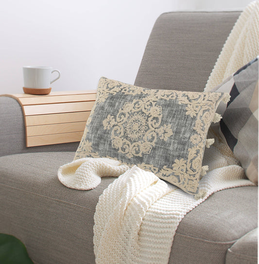 Medallion and Bordered Gray and Ivory Throw Pillow: Gray/Ivory / Poly Filled