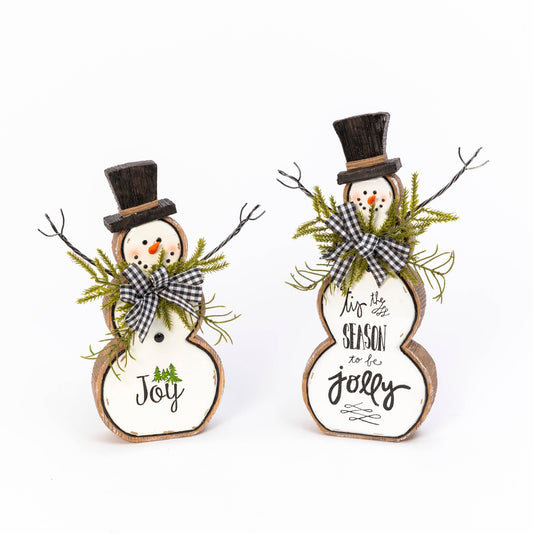 Set of 2 Resin Snowman Figurine w/ Pine & Bow