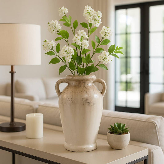 Decorative Vase - Ivory Terracotta Textured 2-Handle, 12 in.