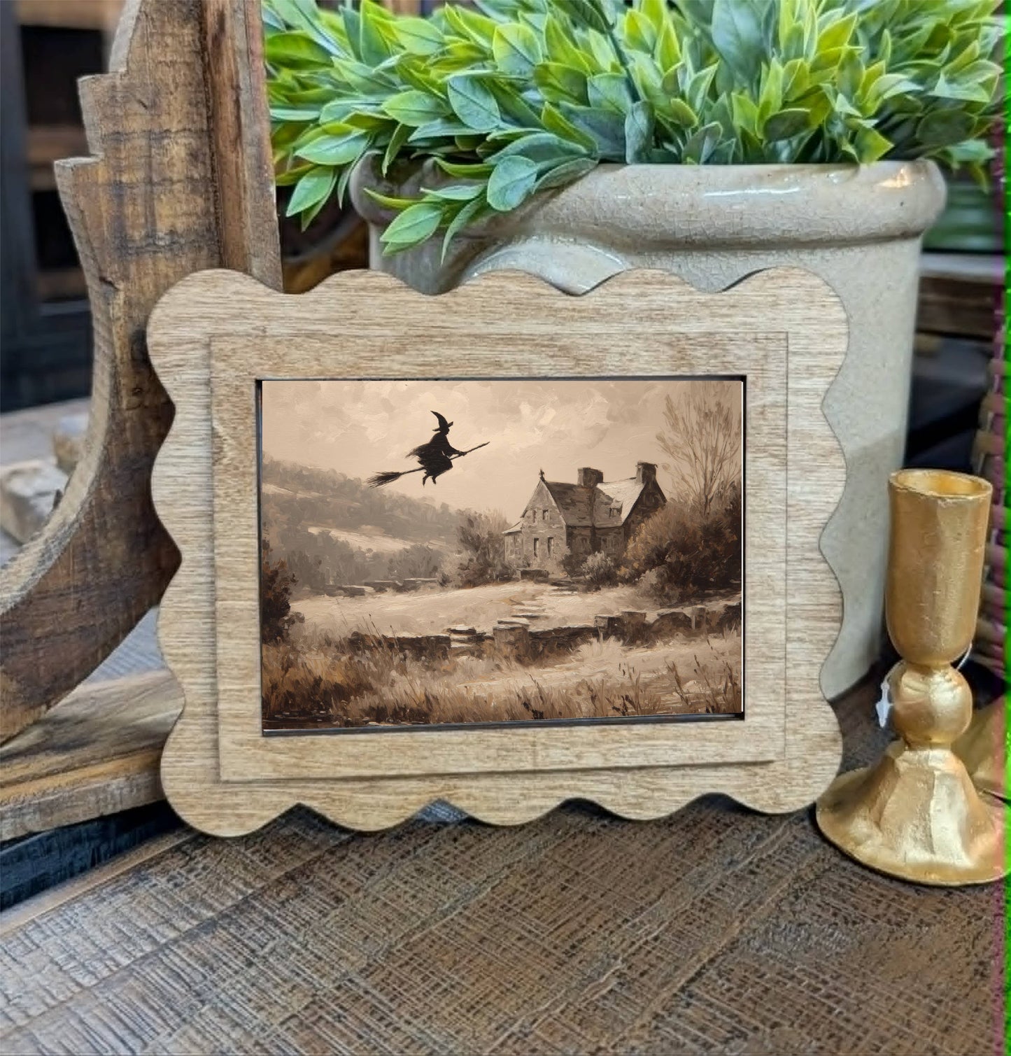 Scallop Flying Witch Framed Canvas Art