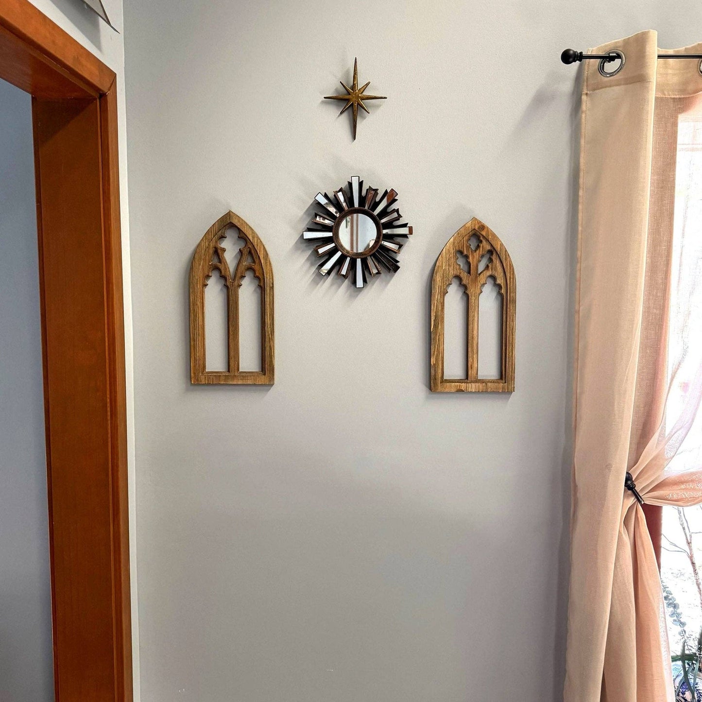 Set of 2 Washed Wood Gothic Arch Window Frame Wall Hangings : Black