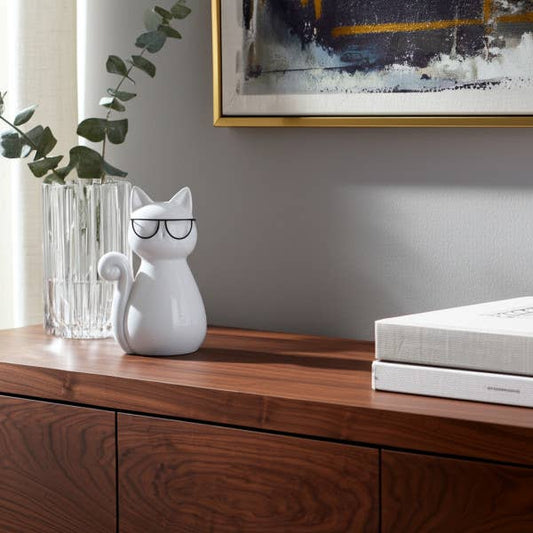 Figurine - White Porcelain Cat with Glasses, 7 in.