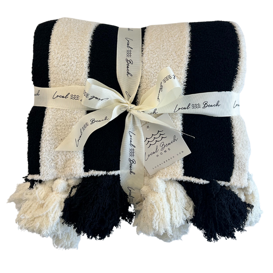 Striped Luxe Home Blanket with Tassels: Black/Cream