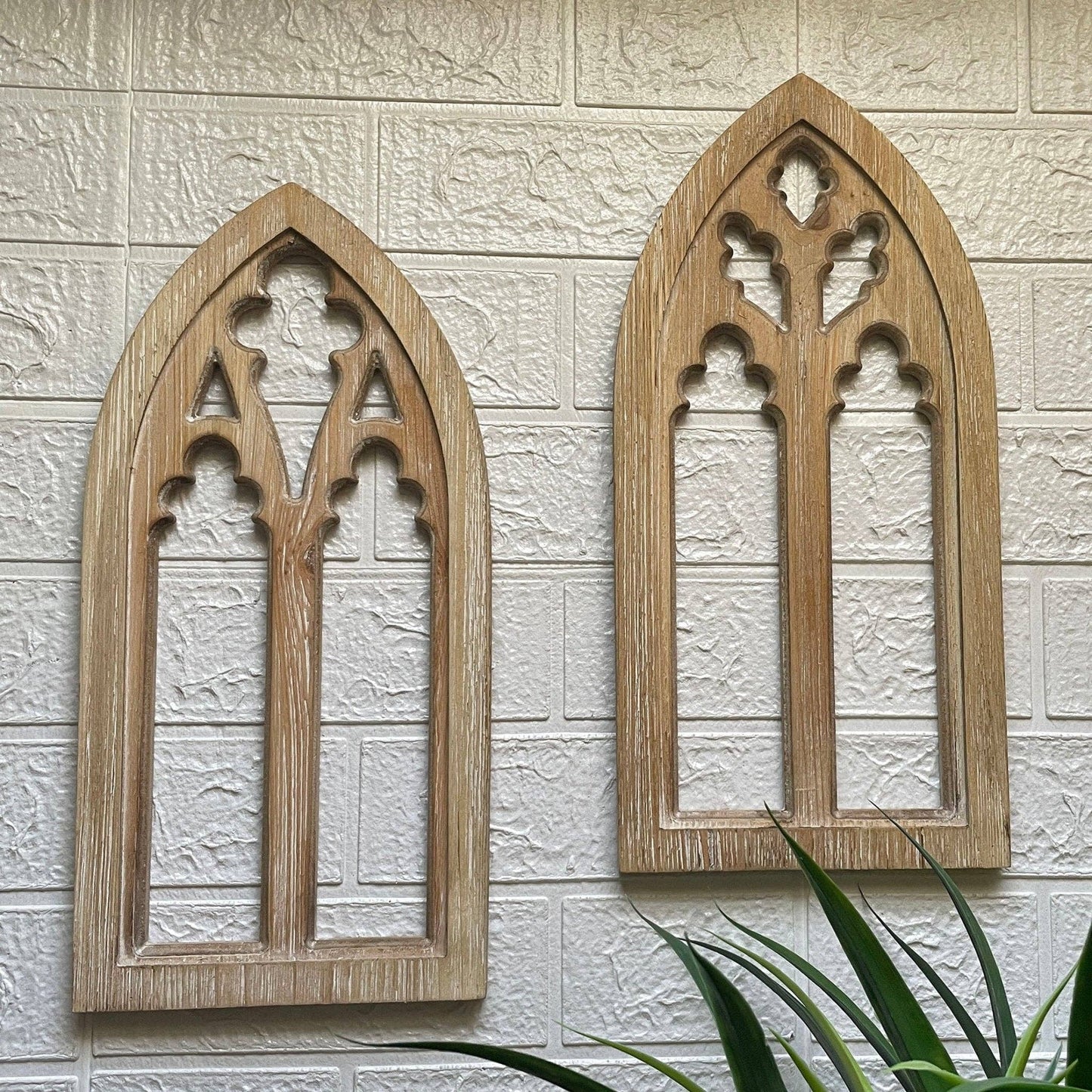Set of 2 Washed Wood Gothic Arch Window Frame Wall Hangings : Black