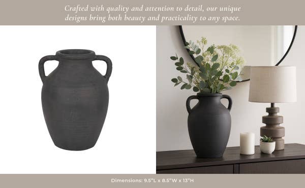Ceramic Double Handles Decorative Vase - Black, 13 in.