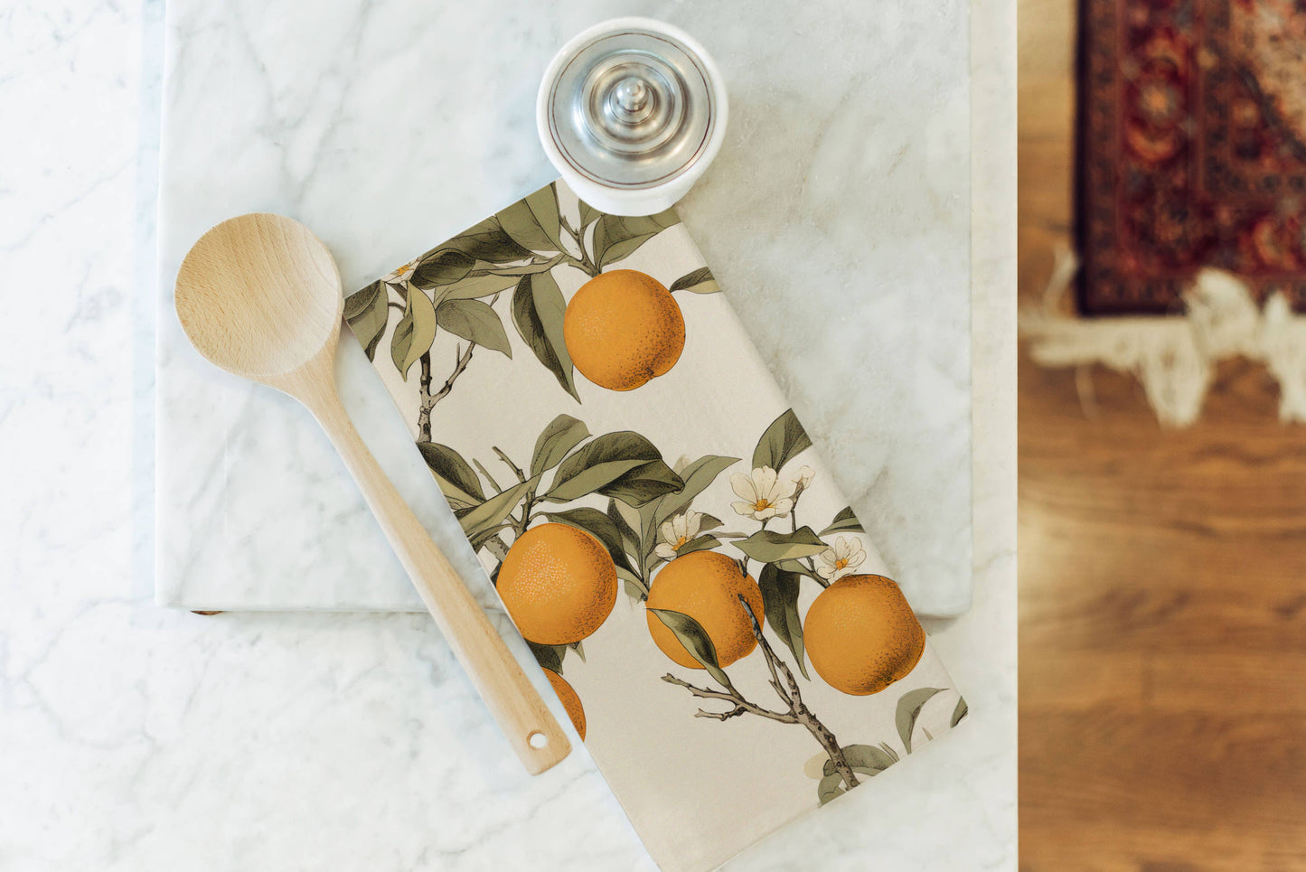 Vintage Oranges Kitchen Tea Towel: White • 100% Cotton